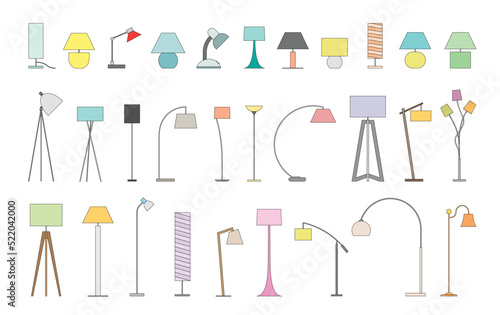 Variety of lamps for home and office. Collection of lamp icons, vector stock illustration.