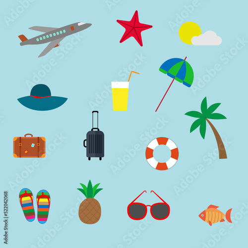 Set of  things for a summer vacation. Flat vector illustrations.
