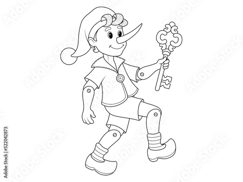 Children coloring, character of fairy tales, pinocchio with a key.