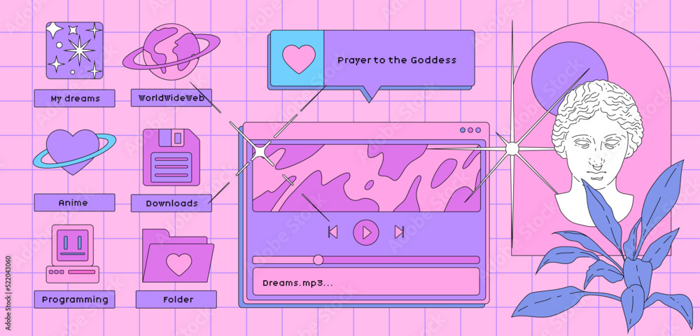 Vetor de Vaporwave retro desktop with user interface elements. Vintage ...