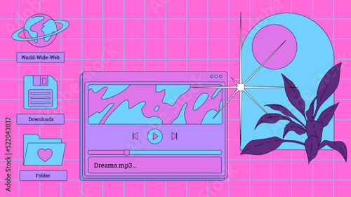 Vaporwave retro desktop with user interface elements. Modern anime illustrations in nostalgic colorful style of the 80s and 90s.