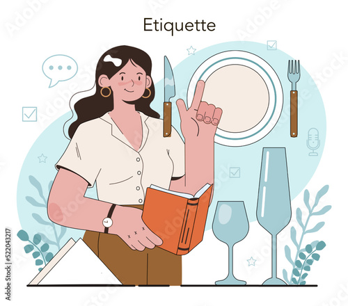 Etiquette school class. Students training good manners. Behaving kids