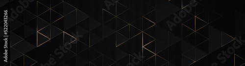 Luxury triangles abstract black metal background with golden light lines. Dark 3d geometric texture illustration. Bright grid pattern. Pure black horizontal banner wallpaper. Carbon elegant wedding BG