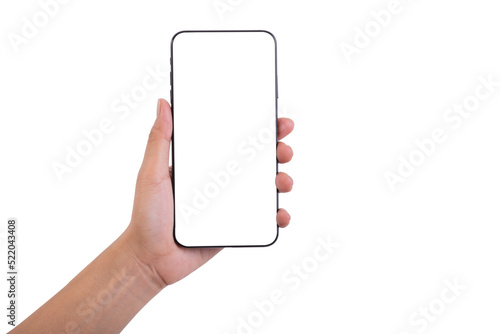 Women Hand holding smartphone on white background