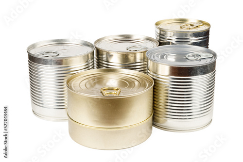 Canned food on a white background. Metal packaging.