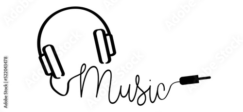 headphones withe plug ans slogan music, headsets line pattern sign. For listening to audio, radio or mp3. Vector headset icon. Listen to song music. Line pattern.