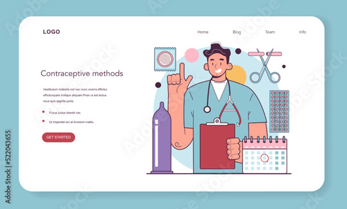 Sex education web banner or landing page. Doctor showing various method