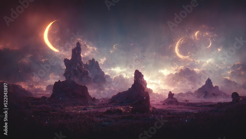 Abstract fantasy neon space landscape. Star nebulae, month and moon, mountains, fog. Unreal fantasy world. Silhouettes, horoscope, zodiac signs. 3D illustration. © Terablete