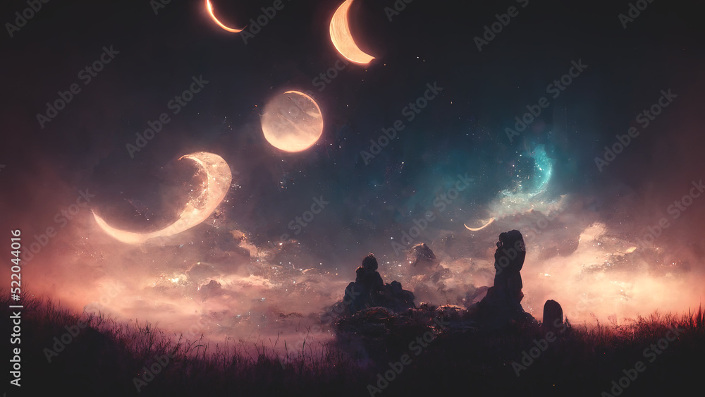 Abstract fantasy neon space landscape. Star nebulae, month and moon, mountains, fog. Unreal fantasy world. Silhouettes, horoscope, zodiac signs. 3D illustration.