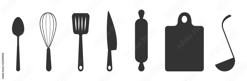 Set of black silhouettes kitchen tools fork spoon knife rolling pin ladle board for cutting culinary banner with place for your text vector illustration isolated on white background Set of black silhouettes kitchen tools fork spoon knife rolling pin ladle board for cutting culinary banner with place for your text vector illustration isolated on white background