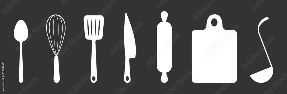 Set of black silhouettes kitchen tools fork spoon knife rolling pin ladle board for cutting culinary banner with place for your text vector illustration isolated on white background Set of black silhouettes kitchen tools fork spoon knife rolling pin ladle board for cutting culinary banner with place for your text vector illustration isolated on white background