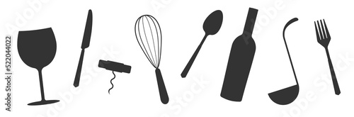 Set of black silhouettes kitchen tools fork spoon knife rolling pin ladle board for cutting culinary banner with place for your text vector illustration isolated on white background