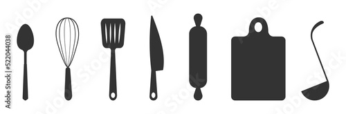 Set of black silhouettes kitchen tools fork spoon knife rolling pin ladle board for cutting culinary banner with place for your text vector illustration isolated on white background