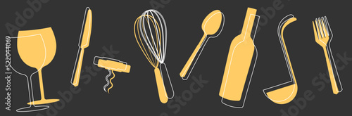 Set of  silhouettes kitchen tools fork spoon knife rolling pin ladle board for cutting culinary banner with place for your text vector illustration isolated on white background