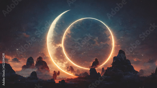 Abstract fantasy neon space landscape. Star nebulae, month and moon, mountains, fog. Unreal fantasy world. Silhouettes, horoscope, zodiac signs. 3D illustration.