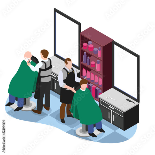 Barbers doing male haircut in barbershop isometric 3d vector illustration concept for banner, website, illustration, landing page, flyer, etc.