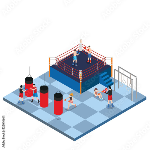Modern gym interior with boxing practice facility isometric 3d vector illustration concept for banner, website, illustration, landing page, flyer, etc.
