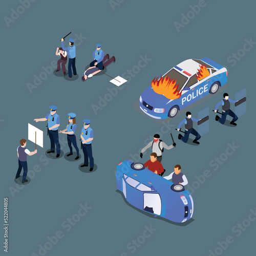Activists fighting with armed police officers isometric 3d vector illustration concept for banner, website, illustration, landing page, flyer, etc.