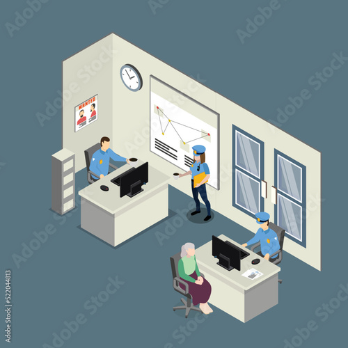 Police officers working in police station office interior isometric 3d vector illustration concept for banner, website, illustration, landing page, flyer, etc.