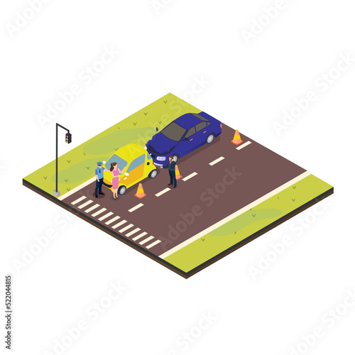 Police officer in uniform issuing report on car accident isometric 3d vector illustration concept for banner, website, illustration, landing page, flyer, etc.