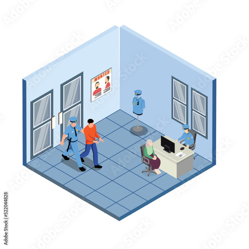 Criminal interrogation in police station isometric 3d vector illustration concept for banner, website, illustration, landing page, flyer, etc.
