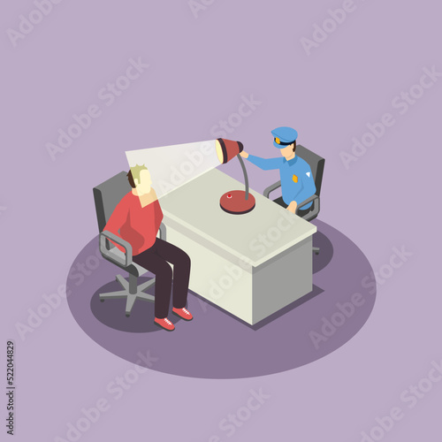 Criminal interrogation by detective police officer isometric 3d vector illustration concept for banner, website, illustration, landing page, flyer, etc.