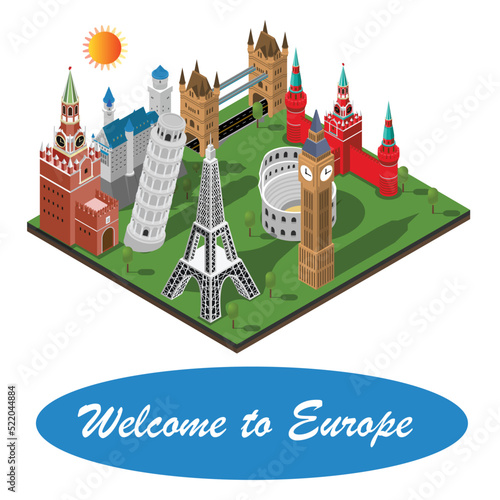 Europe travel landmark isometric 3d vector illustration concept for banner, website, illustration, landing page, flyer, etc.
