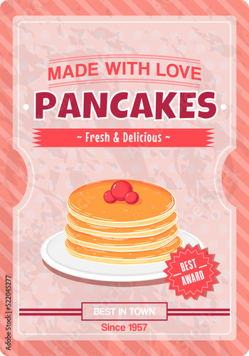Vintage poster for breakfast with delicious stack of pancakes on pink background for print in retro style, design template for cafe
