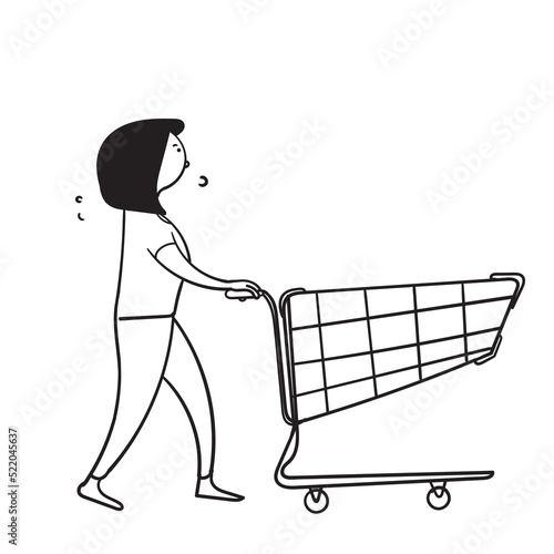 hand drawn doodle woman pushing trolley illustration vector