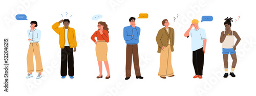 Set of people with thoughtful expression. Thinking men and women. Doubtful, unsure persons. Cartoon, flat vector illustration. Puzzled people.