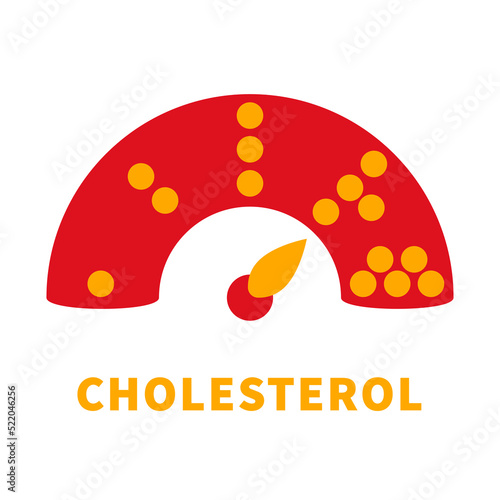 Cholesterol level on blocked blood vessel medical diagram. Meter gauge of ldl lipoprotein. High and low fat test indicator. Atherosclerosis risk. Healthcare concept. Vector illustration.