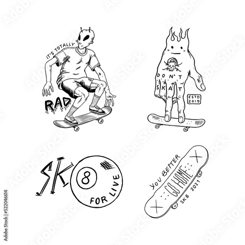 Skateboard shop set. Skeletons ride on the boards. Fiery head and skull. Vintage retro labels and badges for t-shirts and typography. Hand Drawn engraved sketch
