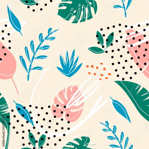 Seamless tropical leaves. Wallpaper. Pattern. For banner, postcard and posters. Vector. Hand drawn doodle elements: dots, circles, doodles. 