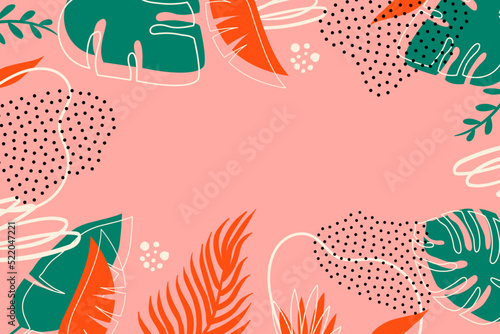 Hand-drawn tropical background. Summer tropical banner. Modern colorful background. 