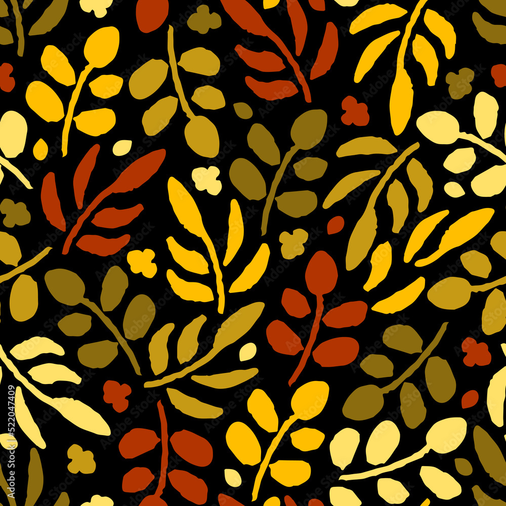 Simple floral vector seamless pattern. Dry golden brown, red leaves, branches on a black background. For fabric prints, textiles. Autumn-summer collection. Seasonal leaf fall. Simple floral vector seamless pattern. Dry golden brown, red leaves, branches on a black background. For fabric prints, textiles. Autumn-summer collection. Seasonal leaf fall.