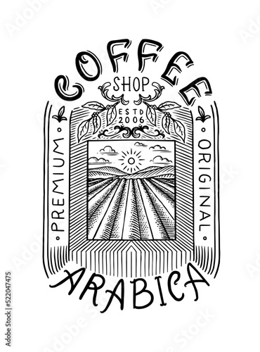 Coffee plantation landscape. Vintage retro badge or logo and emblem. Hand Drawn engraved sketch. Templates for shop or t-shirts.