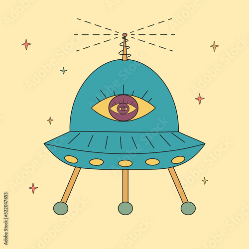 A cartoon psychedelic ufo with a looking eye hand drawn in trendy retro colors on beige background.For product design, stickers, print, poster.
