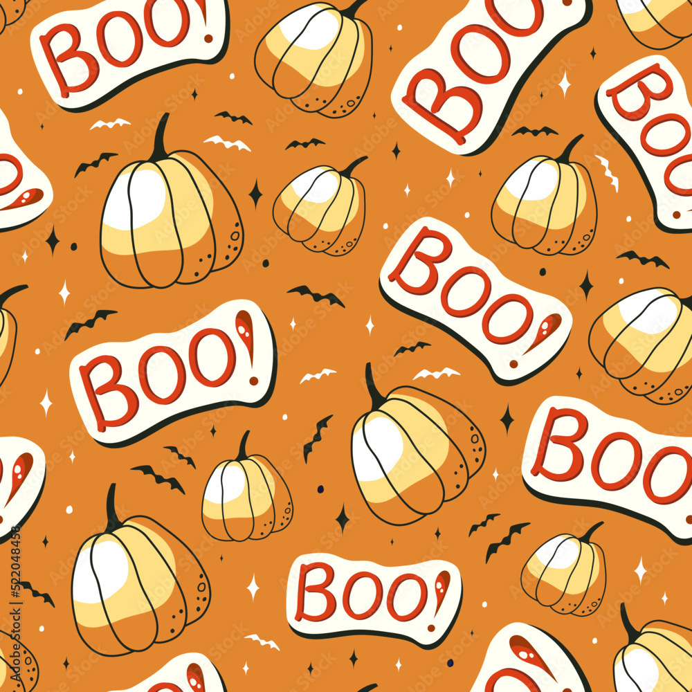 Halloween seamless pattern with pumpkins and boo. Perfect for textile, wallpaper, and print.