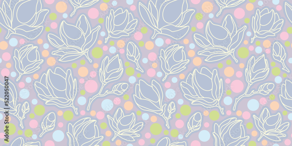 Colorful Polka Dots Magnolia Seamless Pattern on blue background. Floral vector print in outline style for fabric, bed linen, interiors, home decoration, covers, wrapping paper, textile.