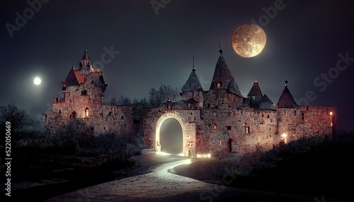 Fotografiet A fantasy medieval fortress at night on a full moon, a fairy-tale fortress, a starry sky with a full moon