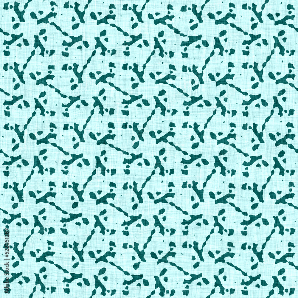 Coastal living aegean teal green broken dyed washed mottled speckle seamless pattern. Rustic marine beach house style home decor textile background. Faded blur irregular shape linen cloth fabric.
