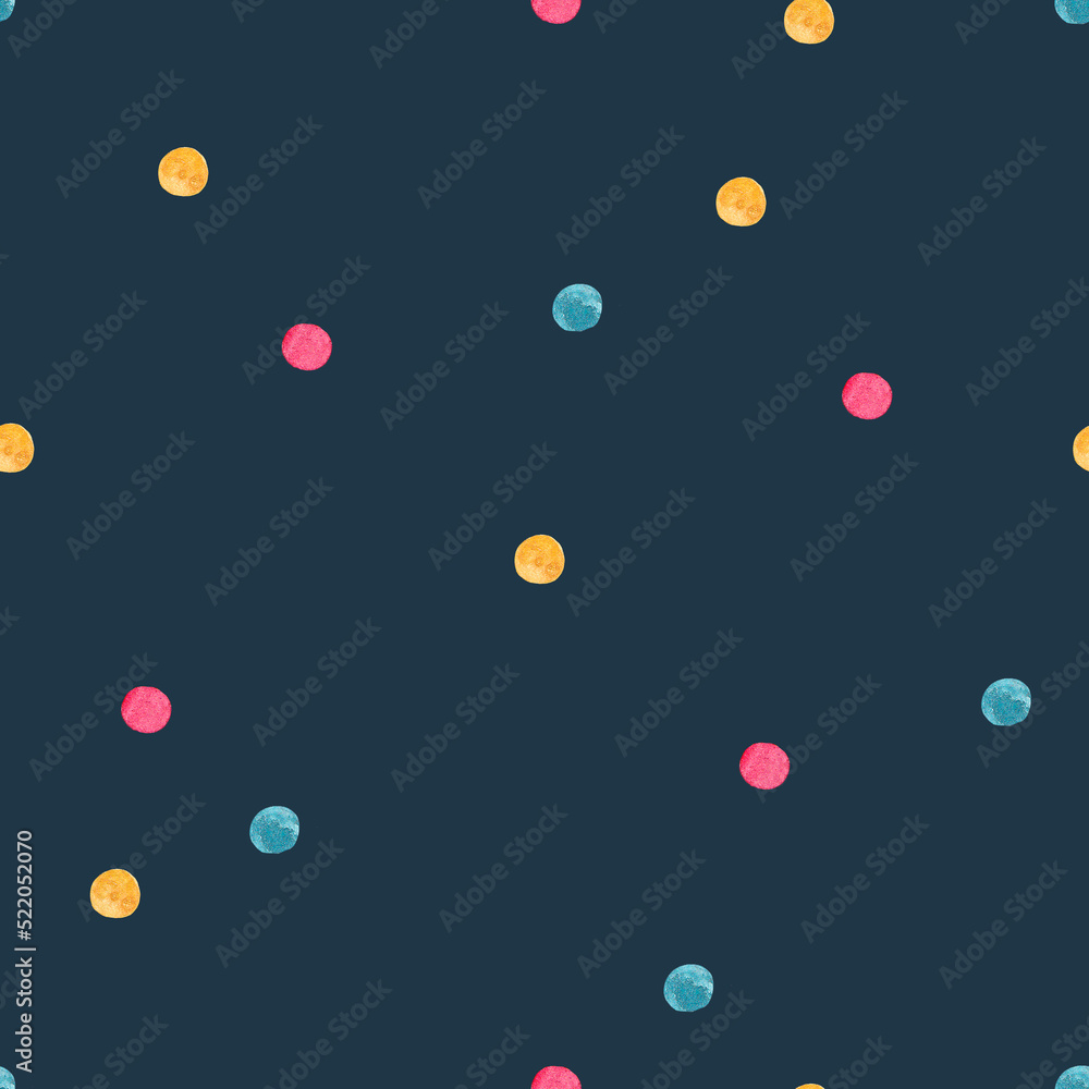 Watercolor seamless pattern with confetti on dark blue.