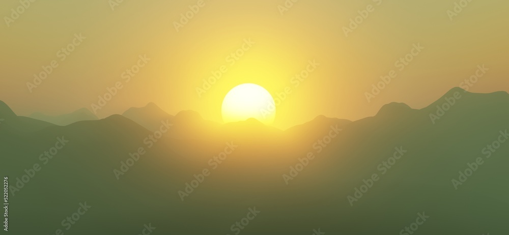 Sunrise and sunset in the mountains. illustration of a beautiful dark mountain landscape with fog. 3D Rendering.