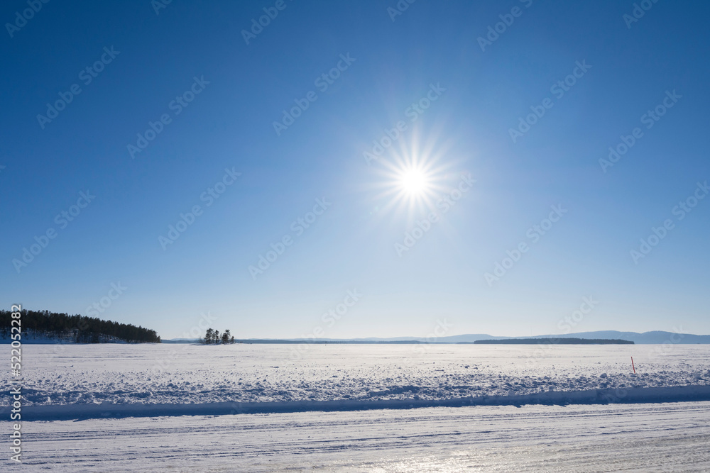 Ice road over Lake Pielinen in Eastern Finland. The longest official ice road in Europe’s inland waterways.