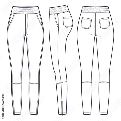  Leather Leggings Pants technical fashion illustration. Skinny Jeans Pants fashion flat technical drawing template, elastic waistband, pockets, zipper bottom, front, side, back view, white CAD mockup.