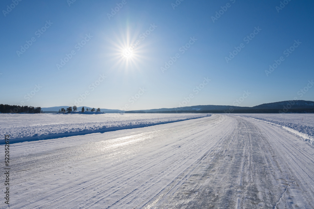 Ice road over Lake Pielinen in Eastern Finland. The longest official ice road in Europe’s inland waterways.