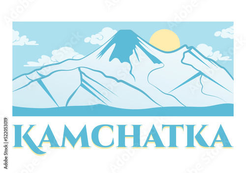 Avachinsky (also known as Avacha or Avacha Volcano or Avachinskaya Sopka). Avacha Volcano and text Kamchatka. Kamchatka symbol. Avachinsky volcano in winter vector illustration. Kamchatka tourism. 