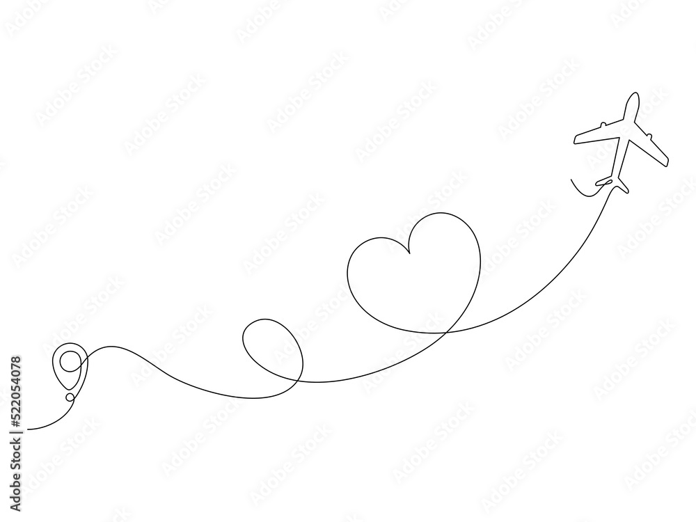 Airplane continuous line drawing with map pin pointer in heart shape. Airplane flying with start point. Vector isolated on white.