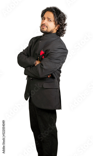 young indian male wearing black suit