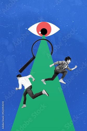 Retro zine poster of huge eye look through magnifier search two guys new virtual risk game isolated blue color background photo